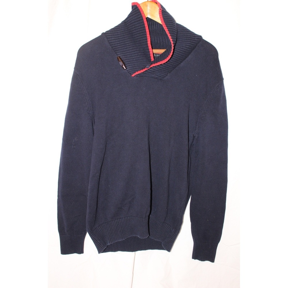 Sean John Navy Shawl Collar Sweater Large Red Trim 100% Cotton